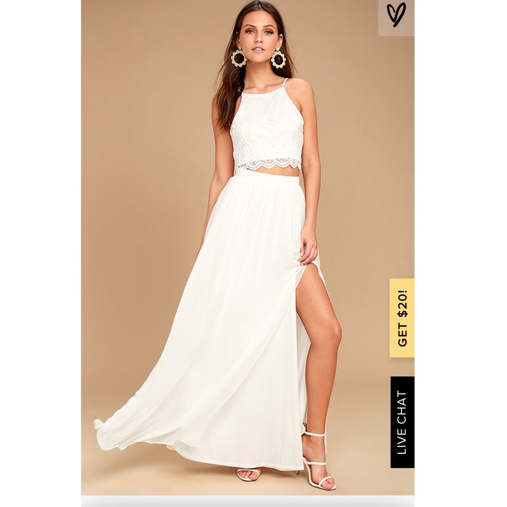Lulu's White Two-Piece Lace Crop & Flowing Maxi Skirt Wedding Dress